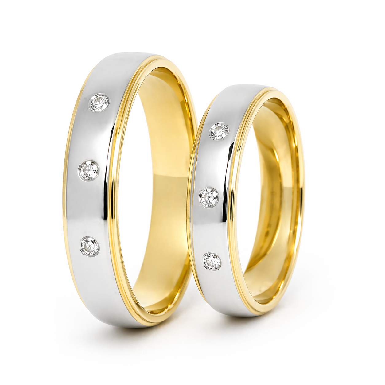 Two Tone Wedding Rings with 3 Diamonds